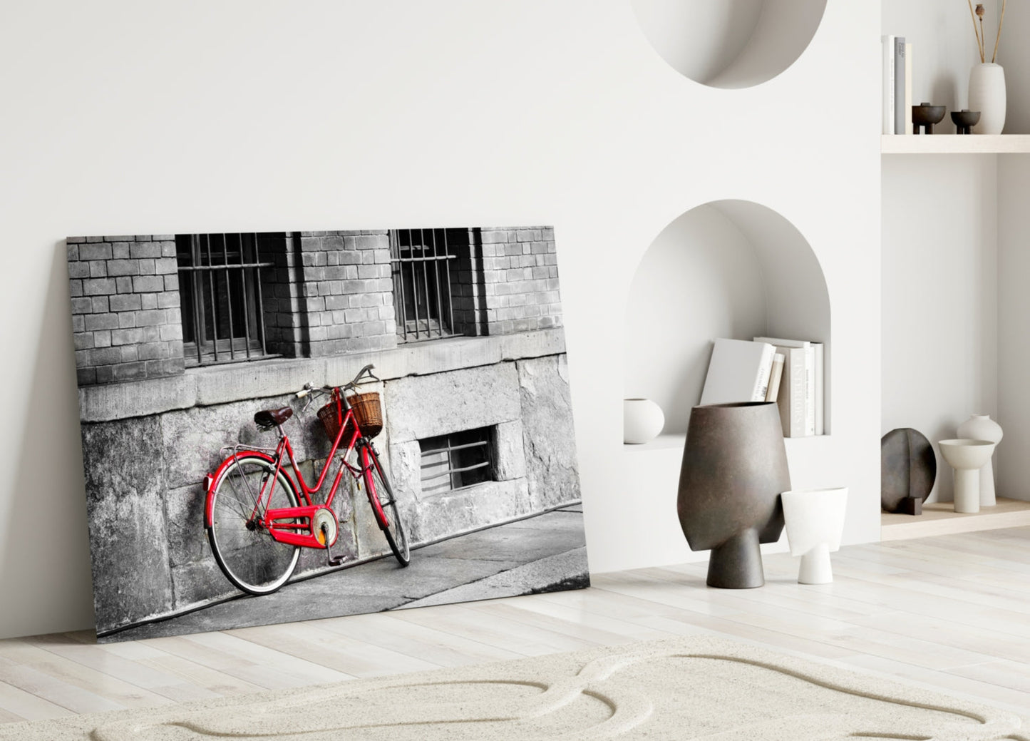 Red Bike Against Barred Window Wall Glass Wall Art