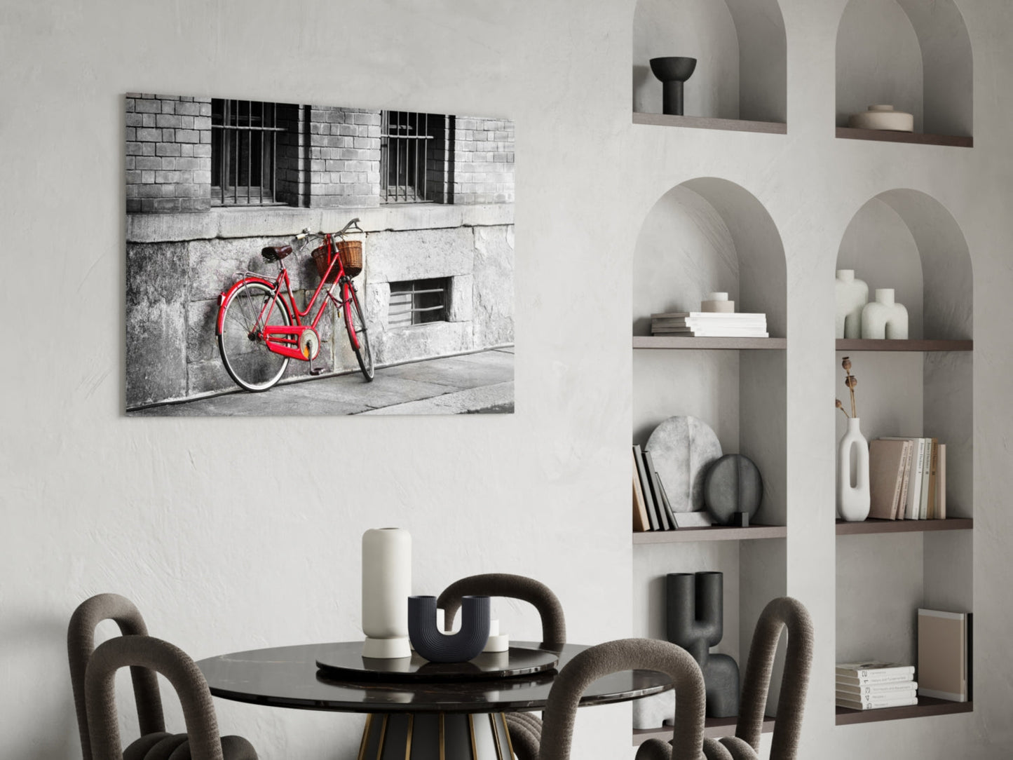 Red Bike Against Barred Window Wall Glass Wall Art