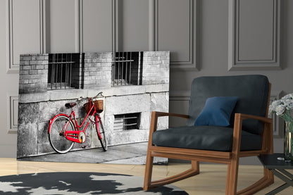 Red Bike Against Barred Window Wall Glass Wall Art