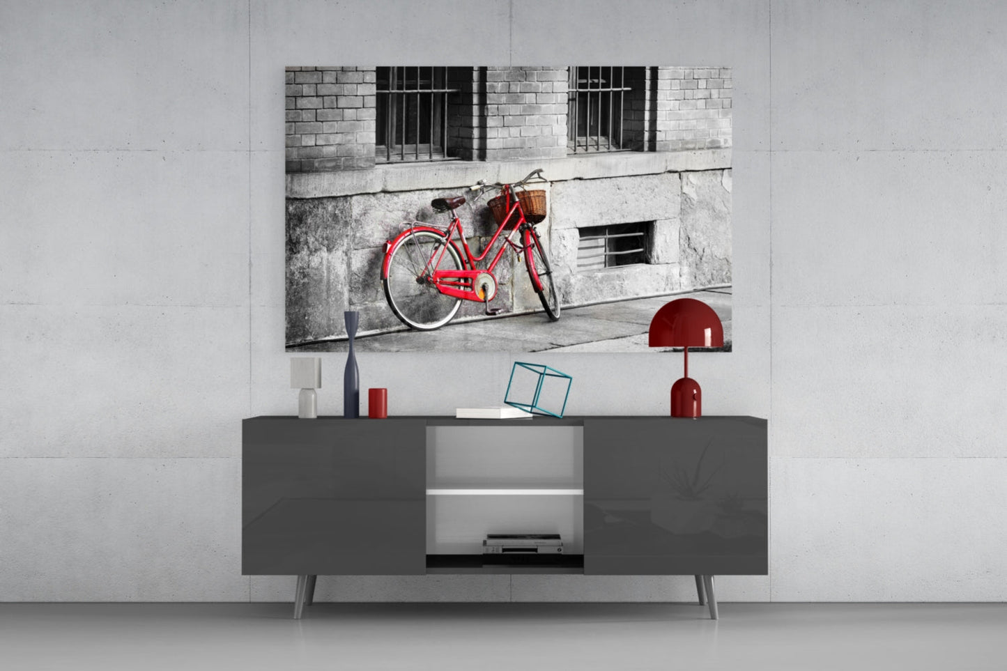 Red Bike Against Barred Window Wall Glass Wall Art