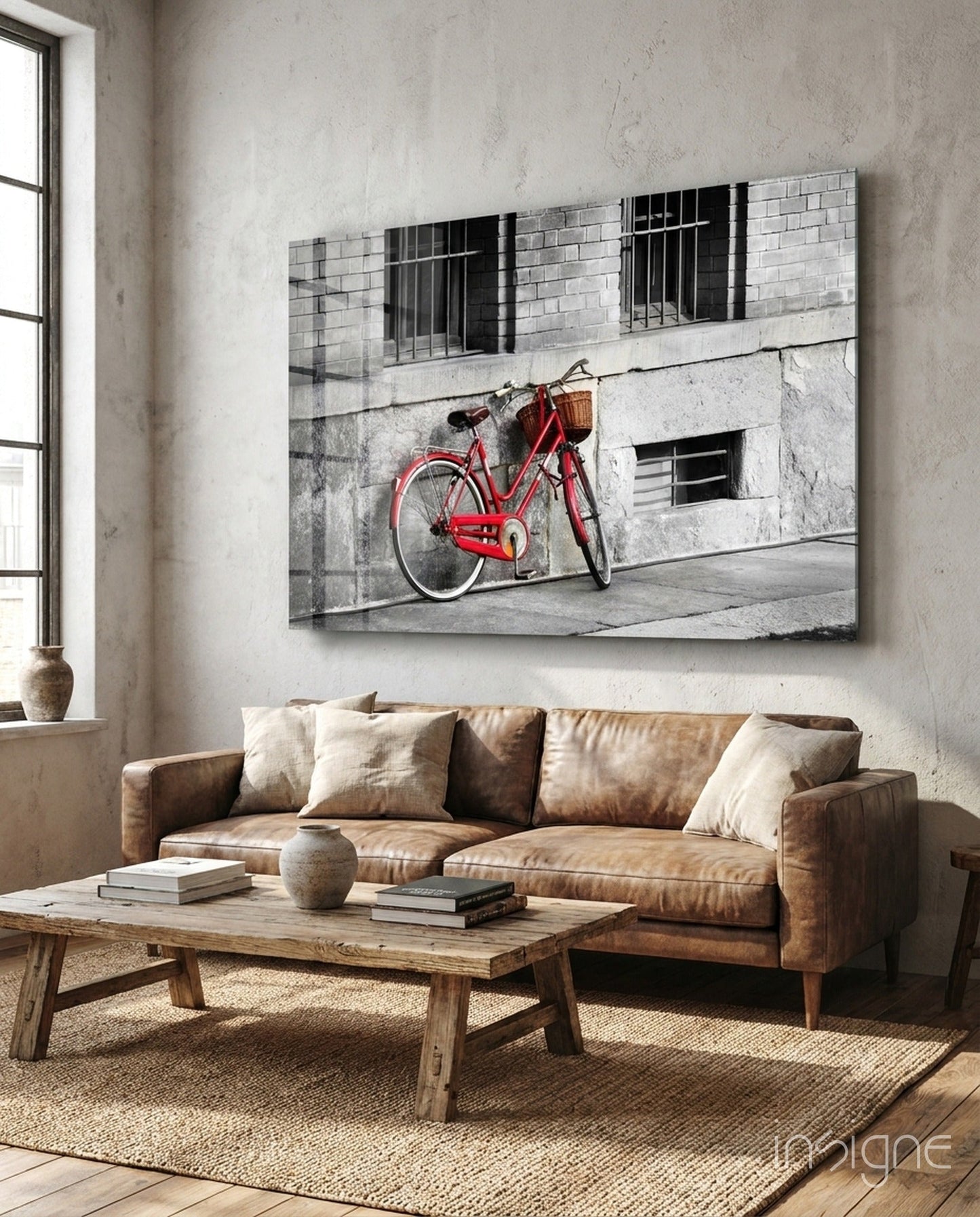 Red Bike Against Barred Window Wall Glass Wall Art