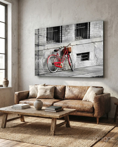 Red Bike Against Barred Window Wall Glass Wall Art