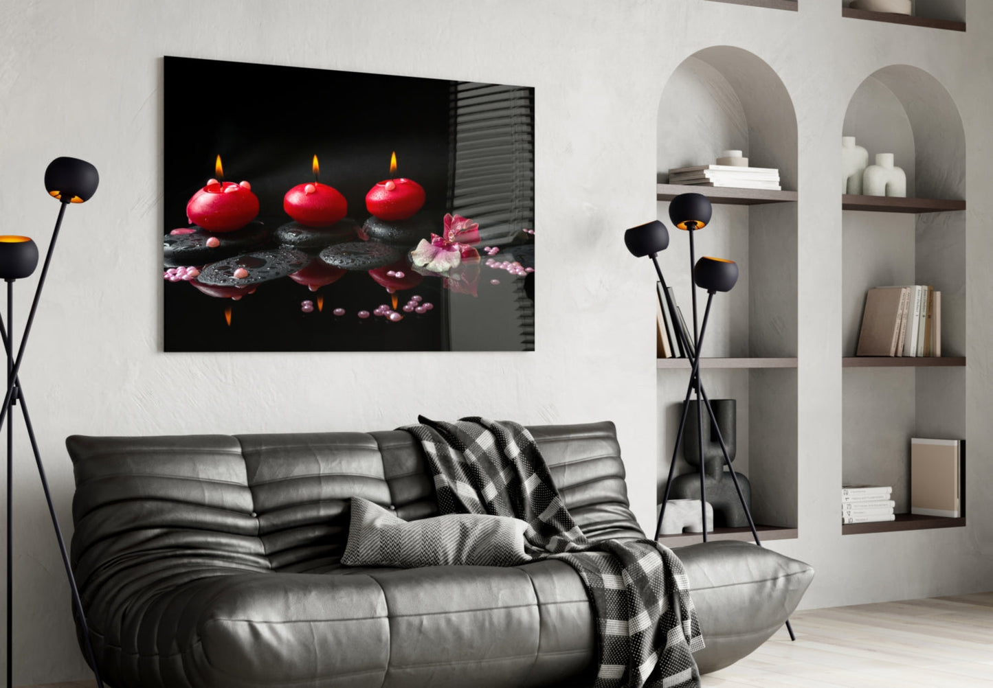 Red Candles Zen Stones Glass Wall Art