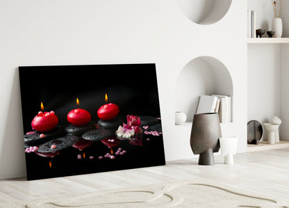 Red Candles Zen Stones Glass Wall Art