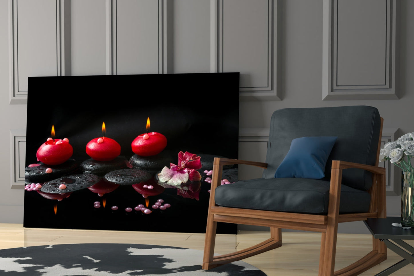 Red Candles Zen Stones Glass Wall Art