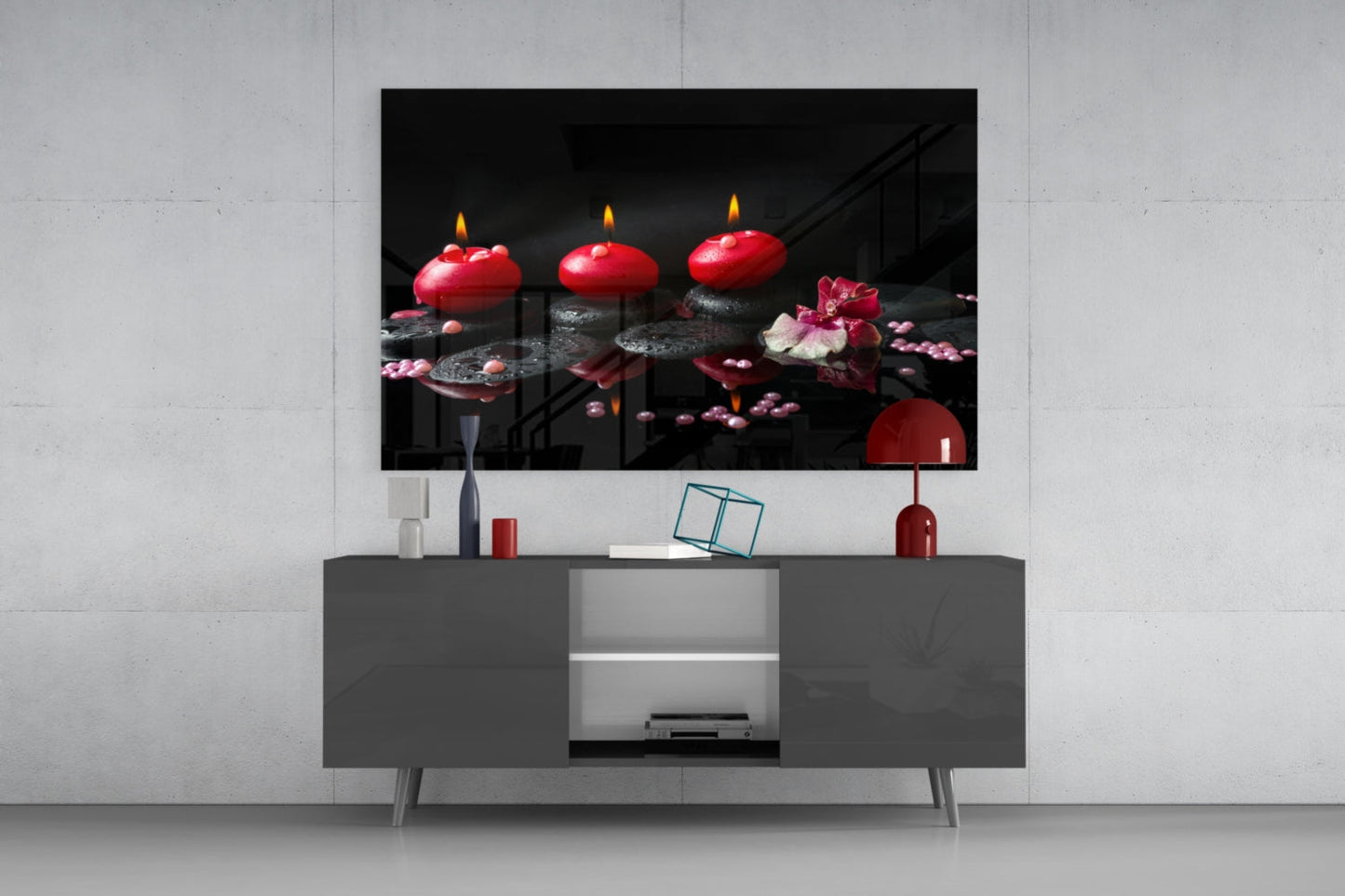 Red Candles Zen Stones Glass Wall Art