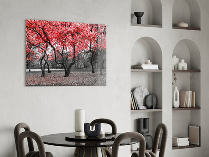 Crimson Autumn Park Trees Glass Wall Art
