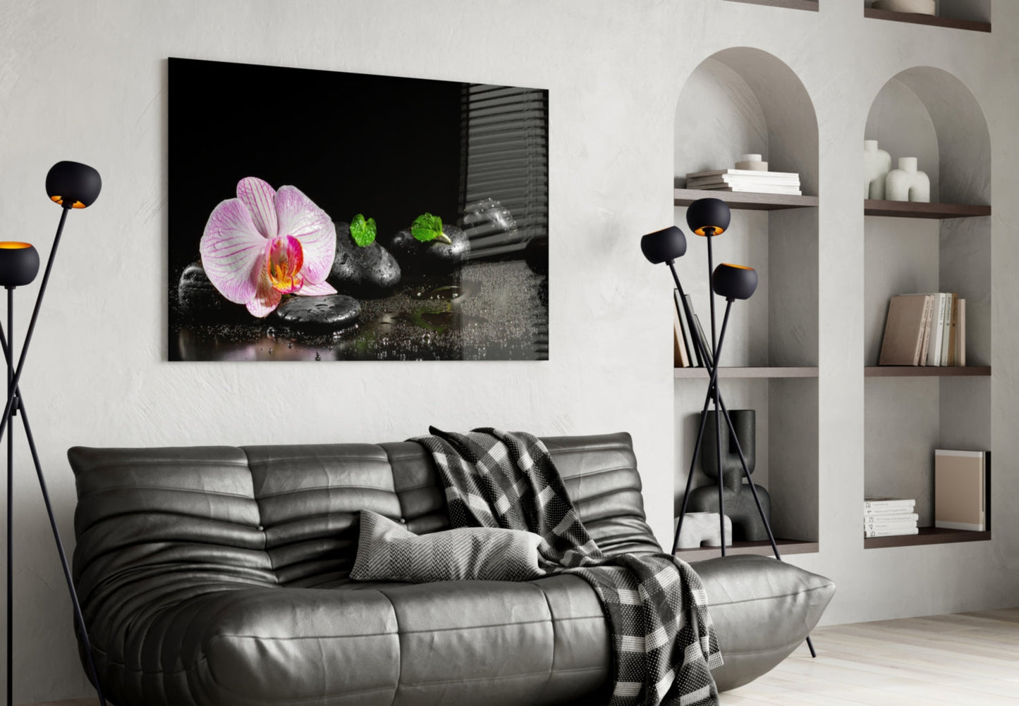 Pink Orchid Zen Stones Glass Wall Art