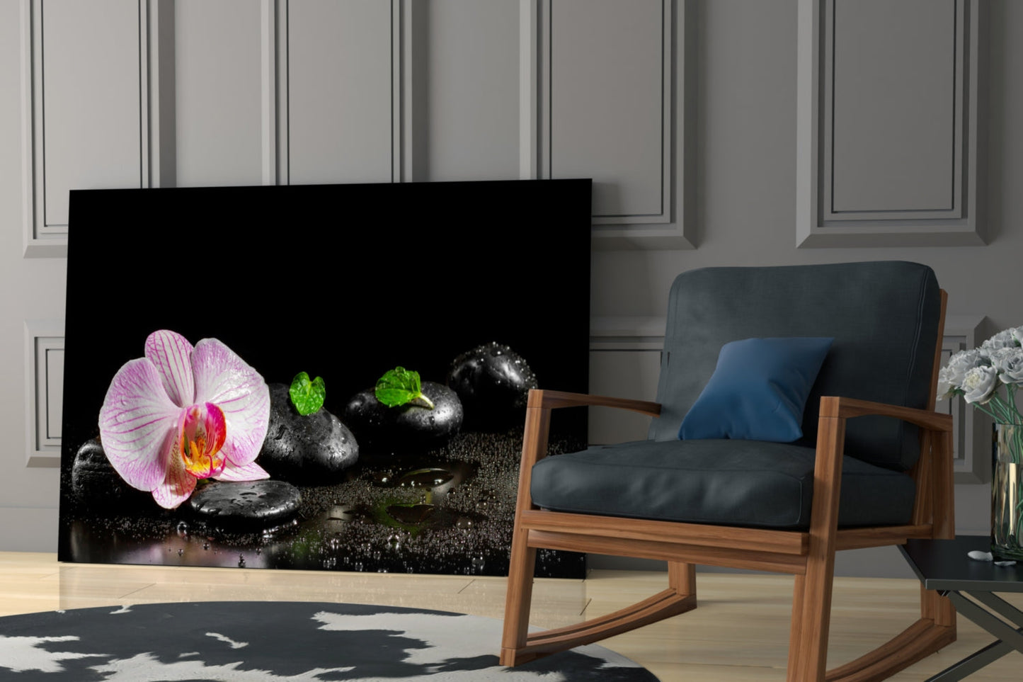 Pink Orchid Zen Stones Glass Wall Art