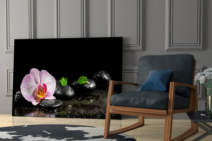 Pink Orchid Zen Stones Glass Wall Art