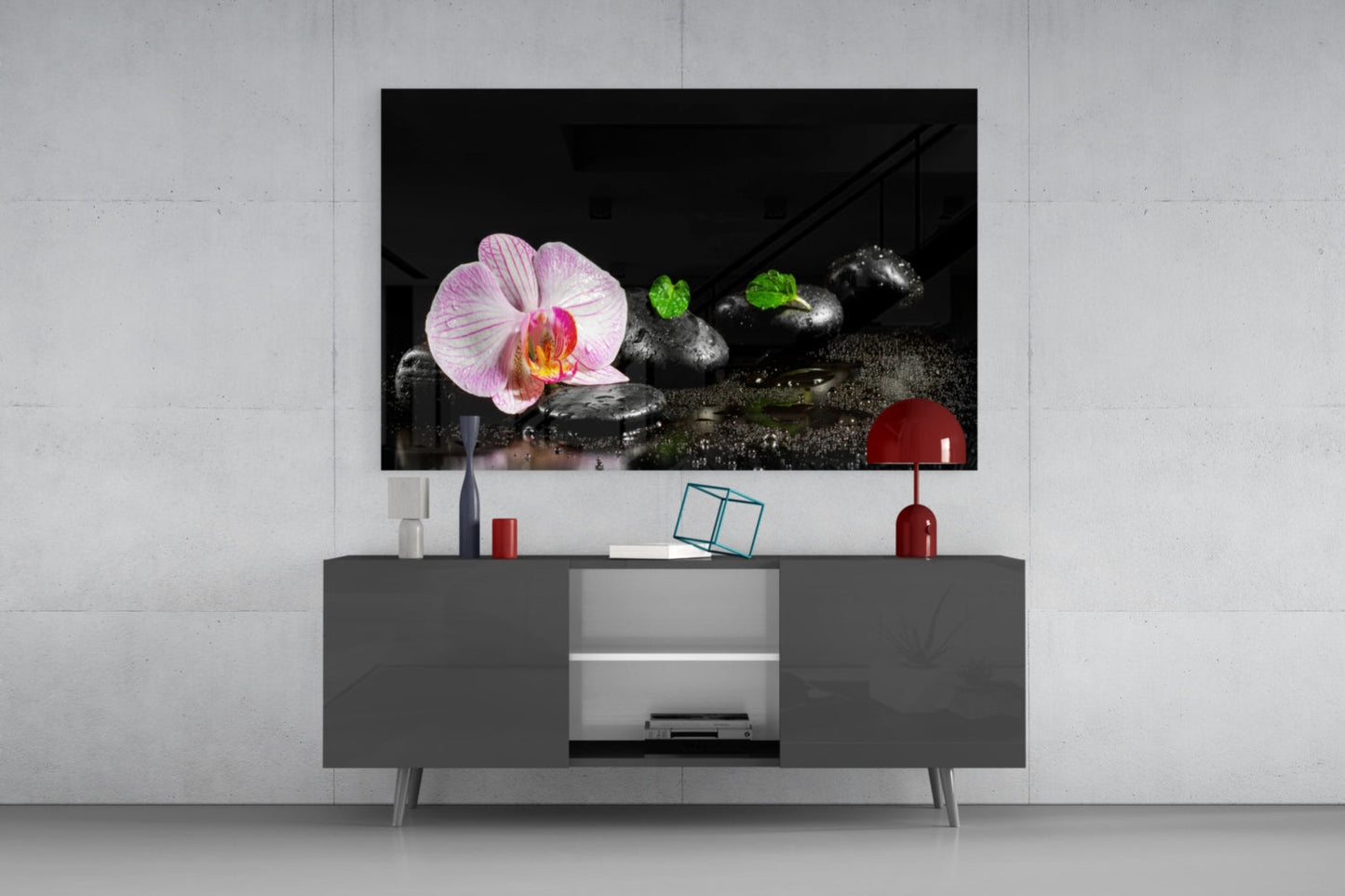 Pink Orchid Zen Stones Glass Wall Art
