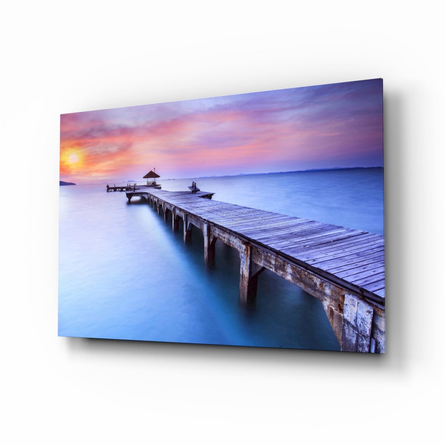 Violet Sunrise Wooden Pier Glass Wall Art