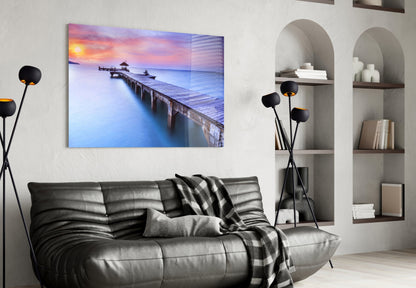 Violet Sunrise Wooden Pier Glass Wall Art