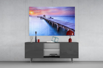 Violet Sunrise Wooden Pier Glass Wall Art