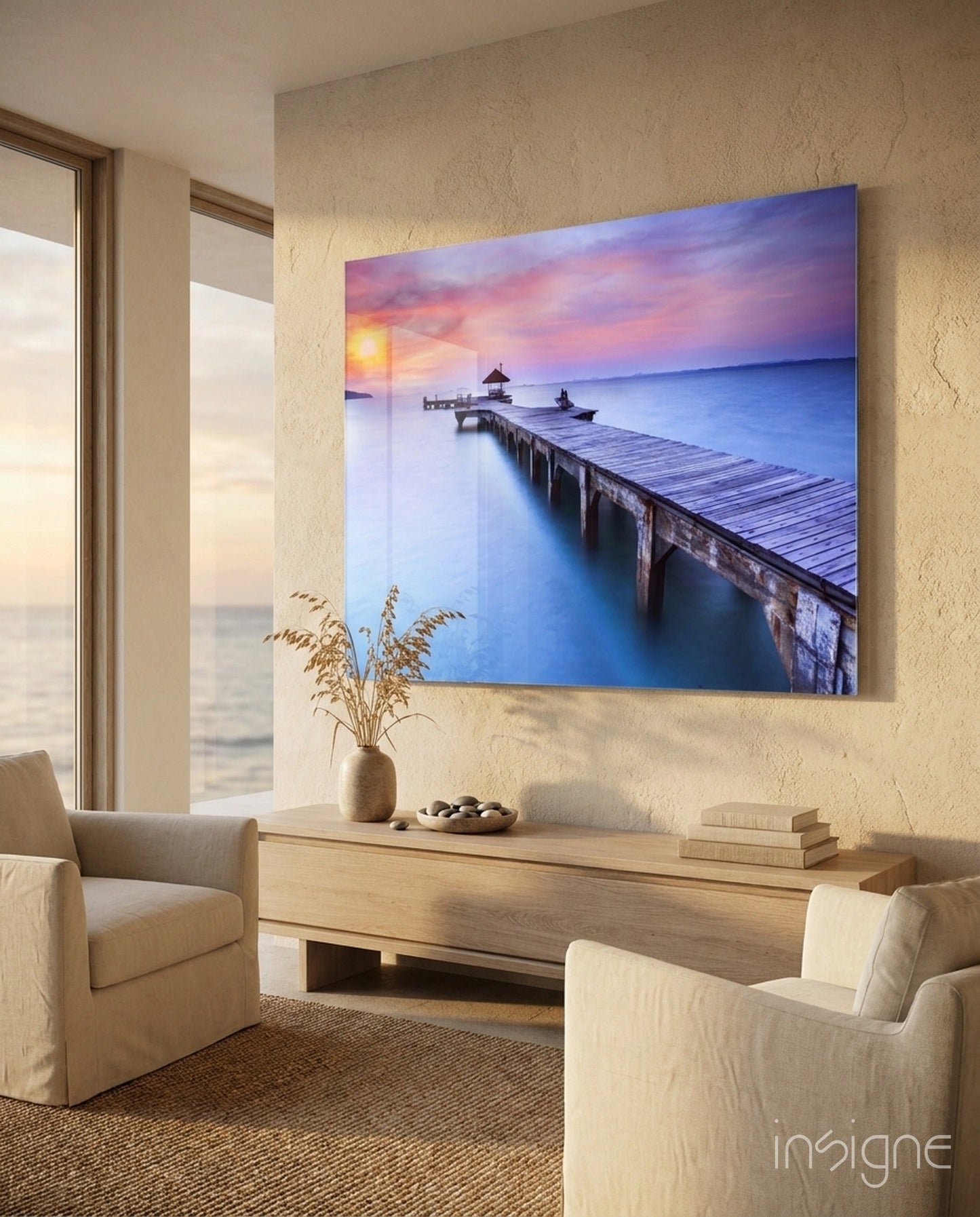 Violet Sunrise Wooden Pier Glass Wall Art