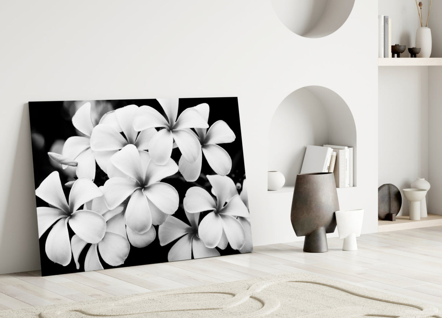 Monochrome Plumeria Cluster Glass Wall Art
