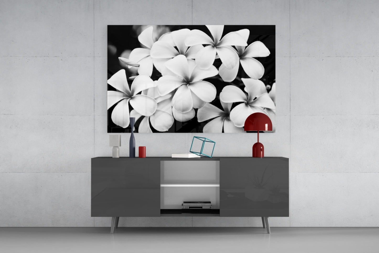 Monochrome Plumeria Cluster Glass Wall Art
