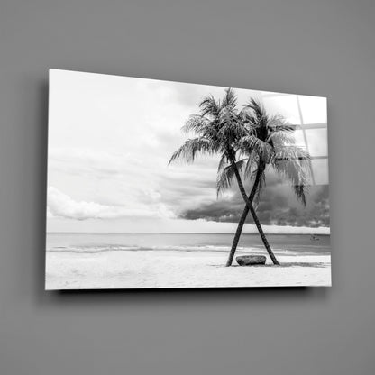 Black And White Twin Beach Palm Trees Glass Wall Art