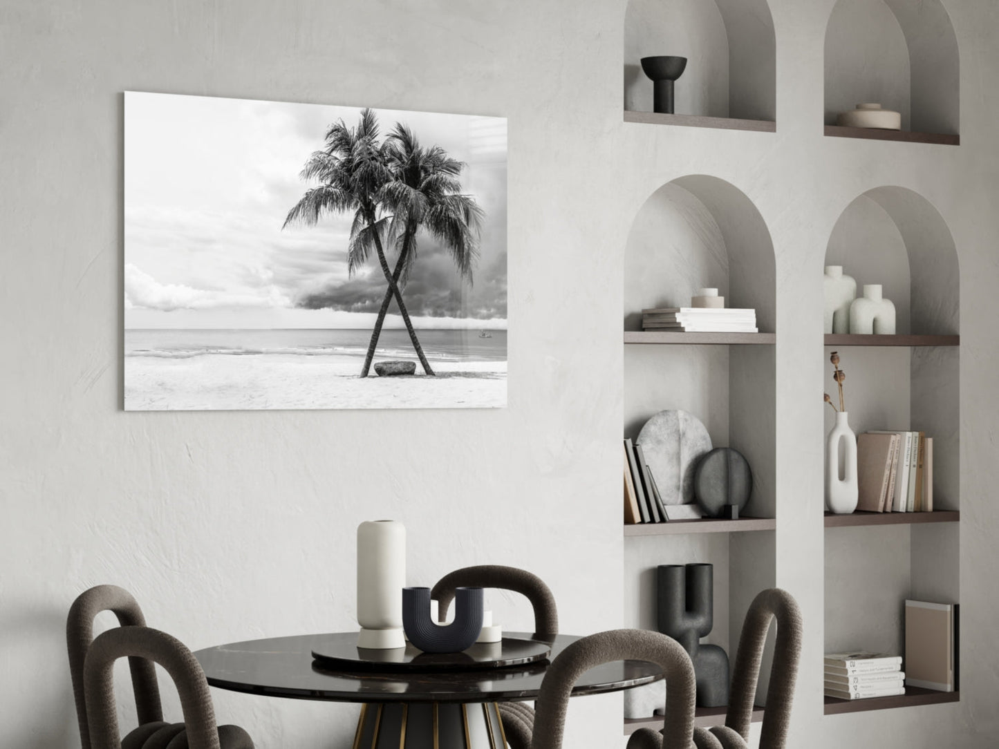 Black And White Twin Beach Palm Trees Glass Wall Art