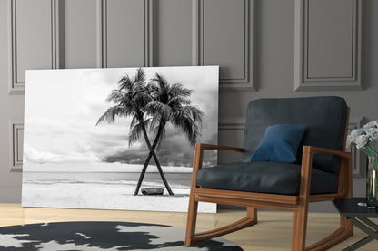 Black And White Twin Beach Palm Trees Glass Wall Art