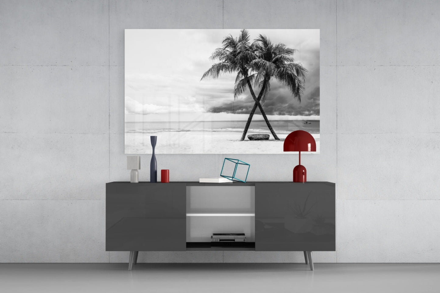 Black And White Twin Beach Palm Trees Glass Wall Art