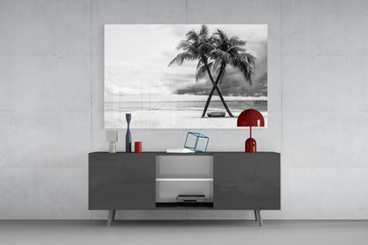Black And White Twin Beach Palm Trees Glass Wall Art