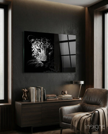 Leopard Face In Shadow Glass Wall Art