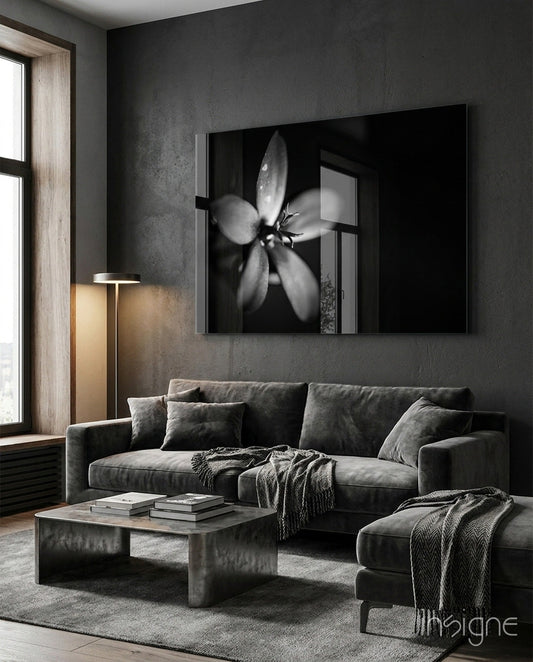 Black and white framed glass artwork of a dewdrop flower mounted above a gray sofa in a modern living room.