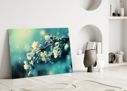 Teal Blossom Bokeh Branch Glass Wall Art