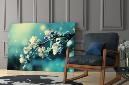 Teal Blossom Bokeh Branch Glass Wall Art
