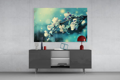 Teal Blossom Bokeh Branch Glass Wall Art