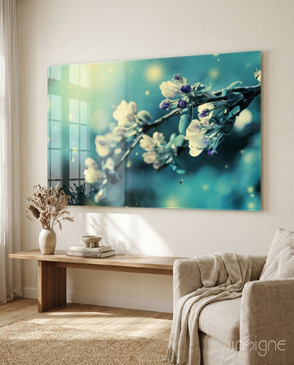 Teal Blossom Bokeh Branch Glass Wall Art