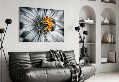 Honey bee glass wall art displaying a bee on a yellow flower center with grayscale petals, mounted above a gray sofa in a modern living room.