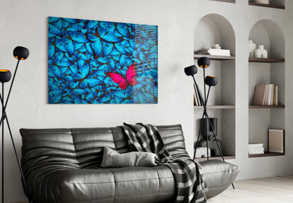 Magenta Butterfly Among Blue Glass Wall Art