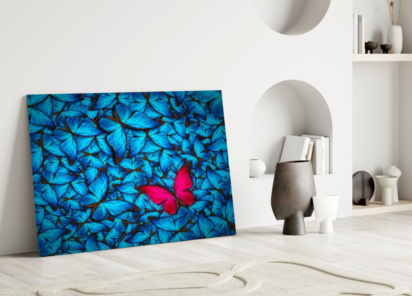 Magenta Butterfly Among Blue Glass Wall Art