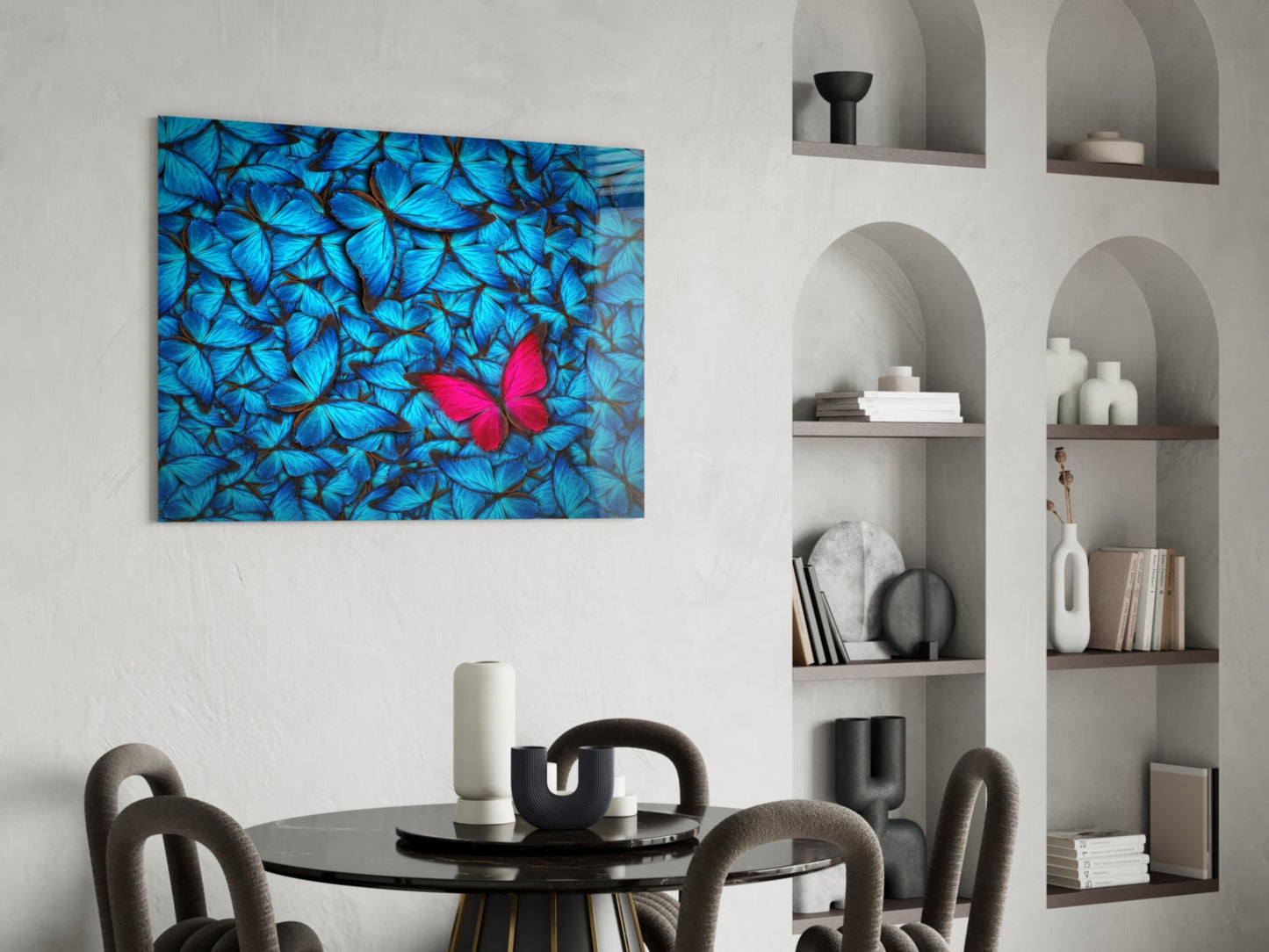 Magenta Butterfly Among Blue Glass Wall Art