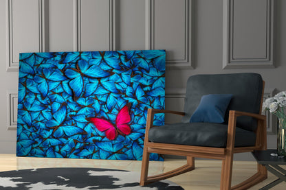 Magenta Butterfly Among Blue Glass Wall Art