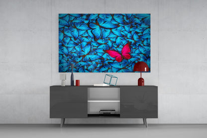 Magenta Butterfly Among Blue Glass Wall Art