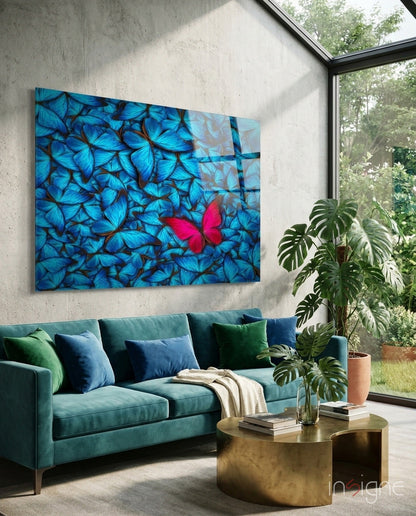 Magenta Butterfly Among Blue Glass Wall Art