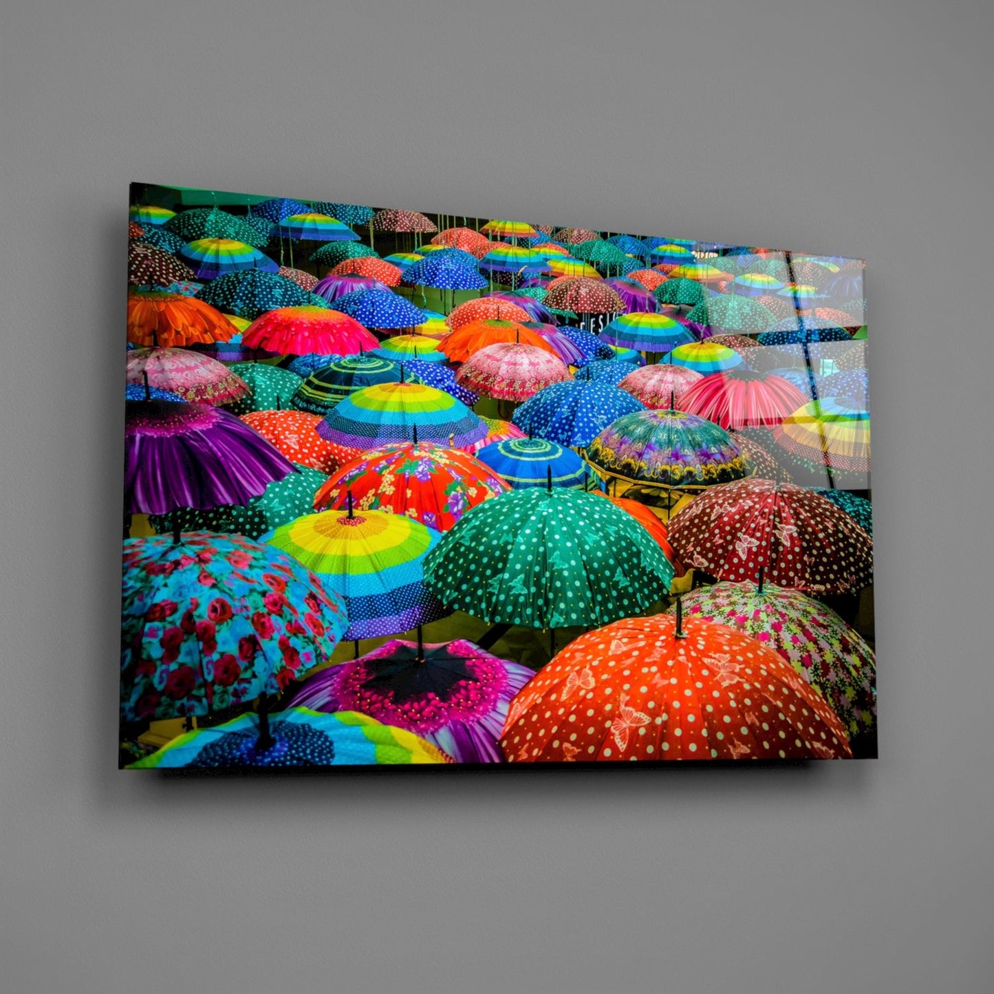 Panoramic Rainbow Umbrella Crowd Glass Wall Art