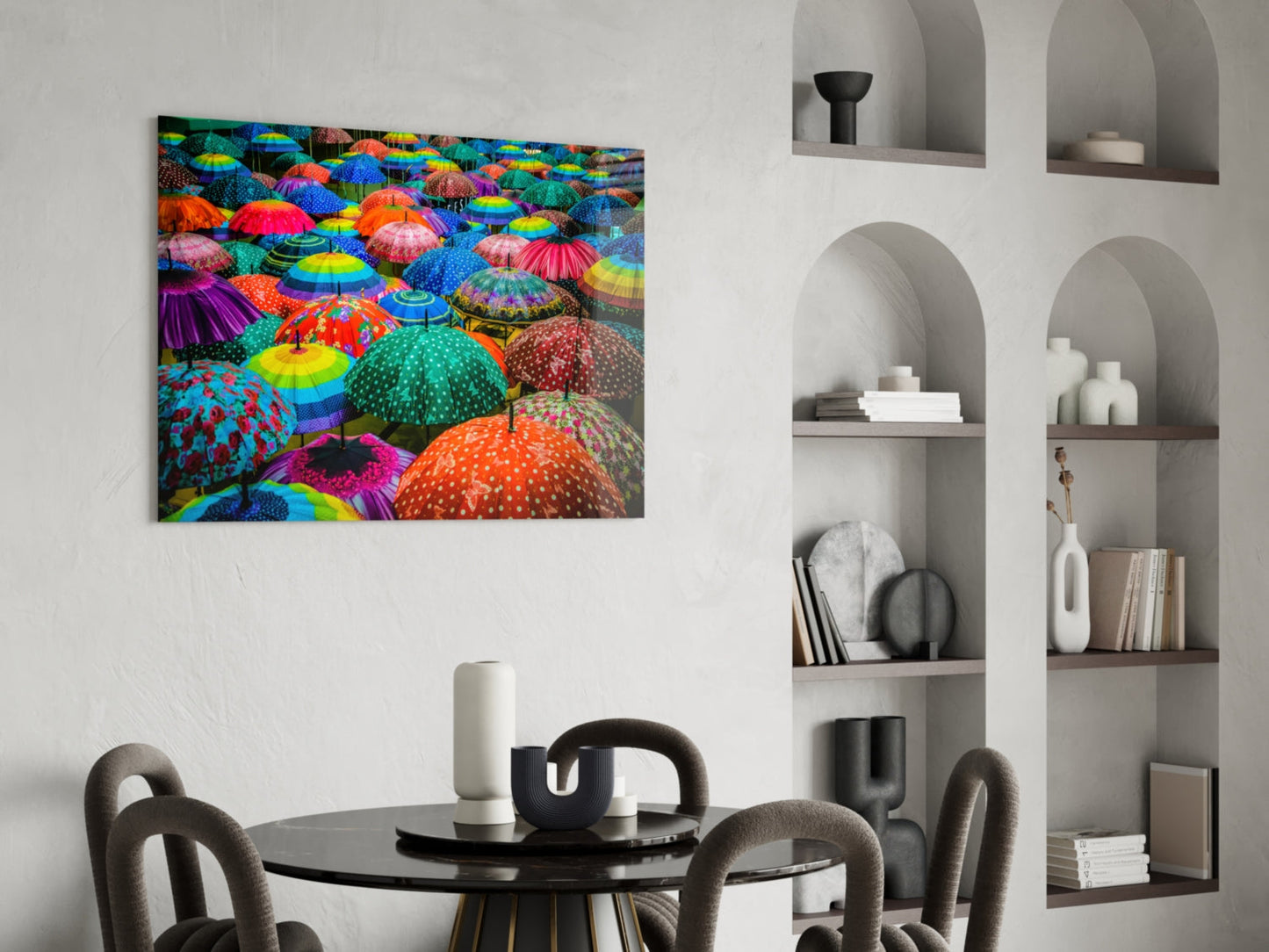 Panoramic Rainbow Umbrella Crowd Glass Wall Art