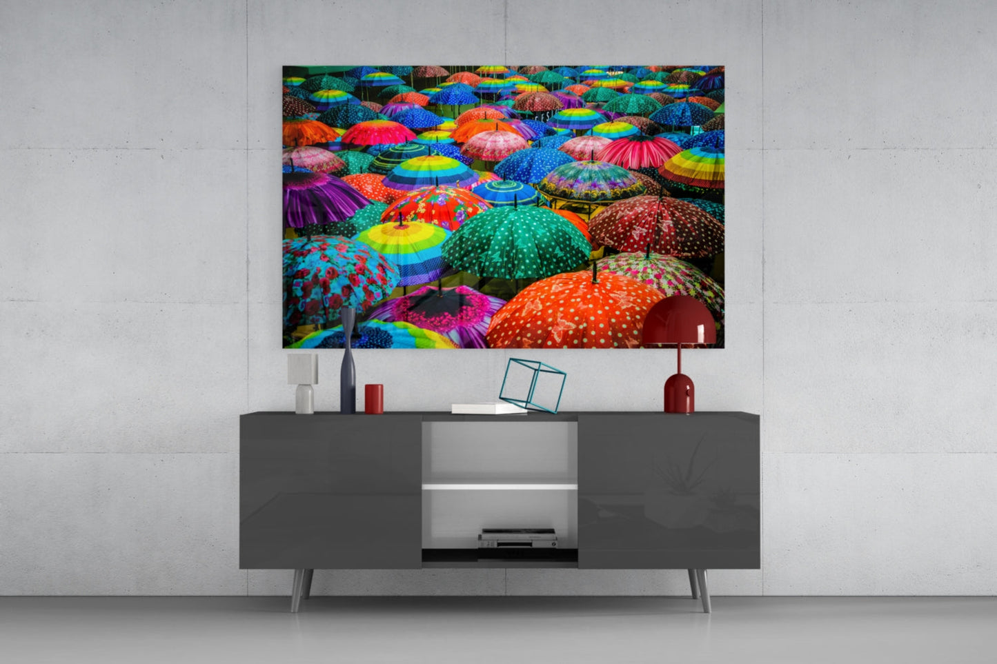 Panoramic Rainbow Umbrella Crowd Glass Wall Art