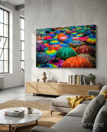 Panoramic Rainbow Umbrella Crowd Glass Wall Art