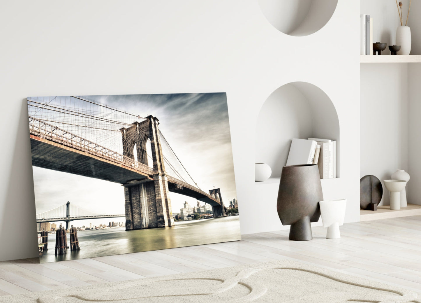 Warm Sunset Brooklyn Bridge Glass Wall Art