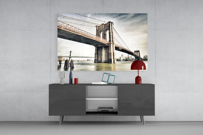Warm Sunset Brooklyn Bridge Glass Wall Art