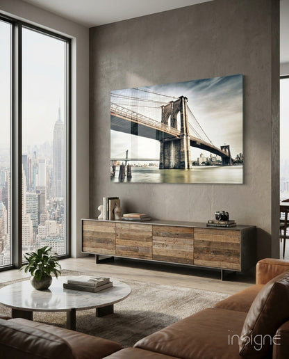 Warm Sunset Brooklyn Bridge Glass Wall Art