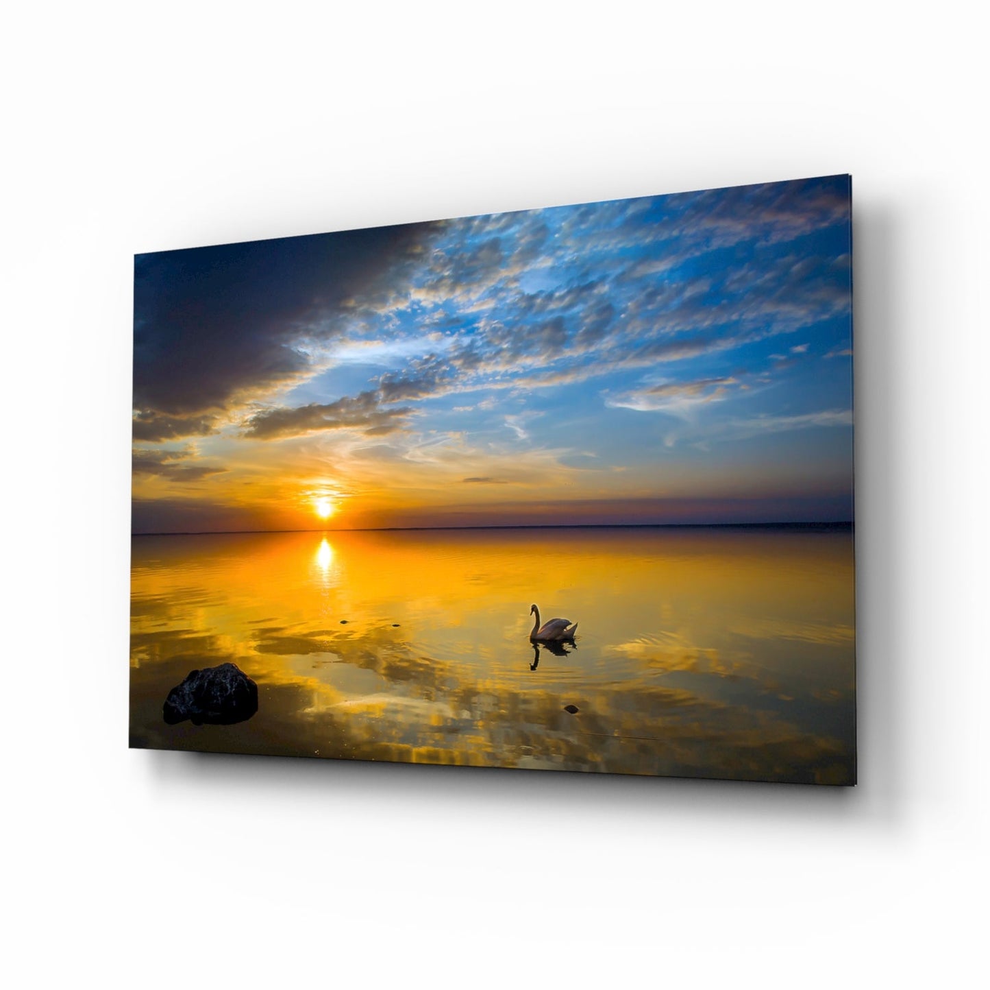 Golden Sunset Lake Swan Glass Wall Art