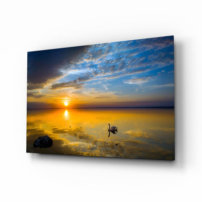 Golden Sunset Lake Swan Glass Wall Art
