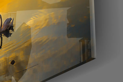 Golden Sunset Lake Swan Glass Wall Art