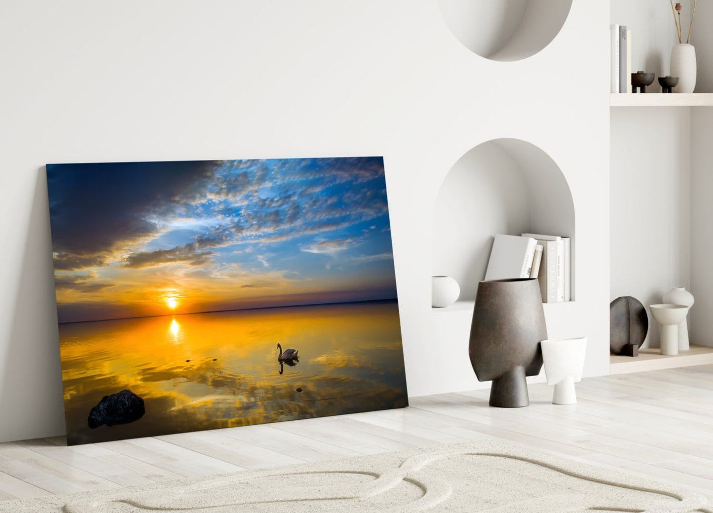 Golden Sunset Lake Swan Glass Wall Art